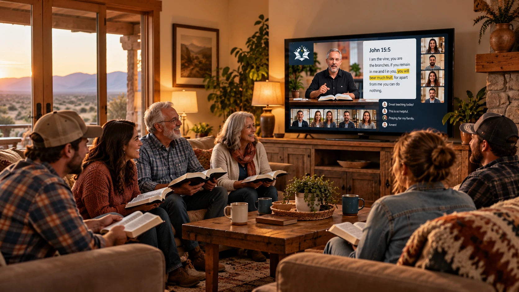 Neighbors meeting in a living room with open Bibles, watching an interactive study on a television