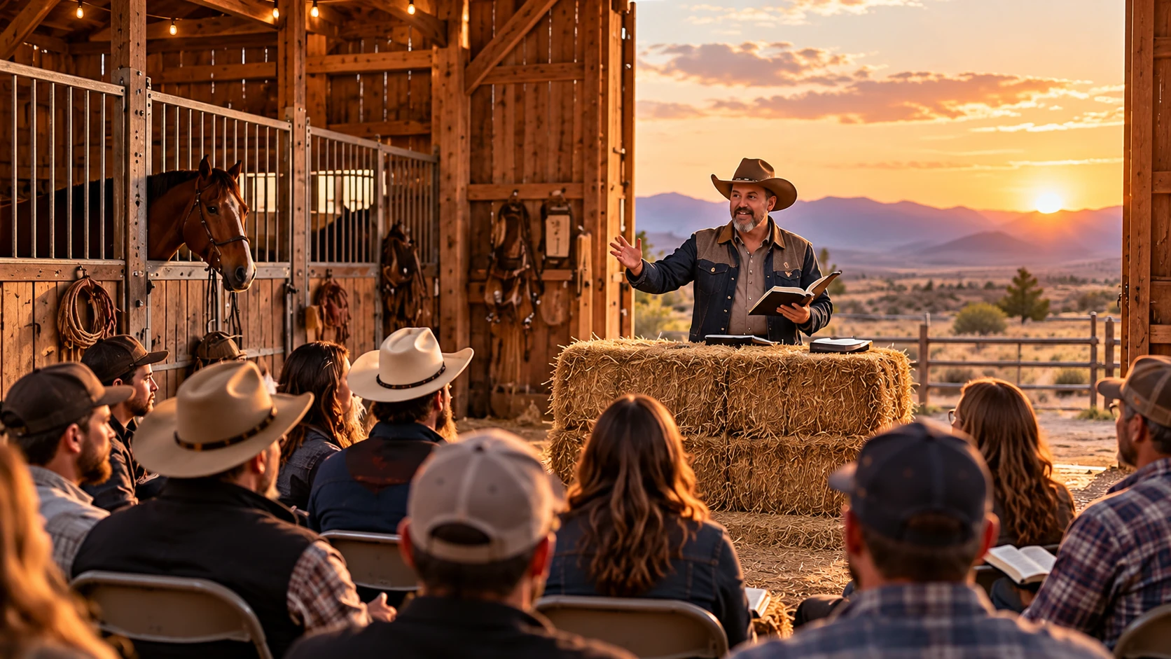 A cowboy-hatted teacher addressing a small gathering on folding chairs in a rustic barn, a horse in its stall nearby