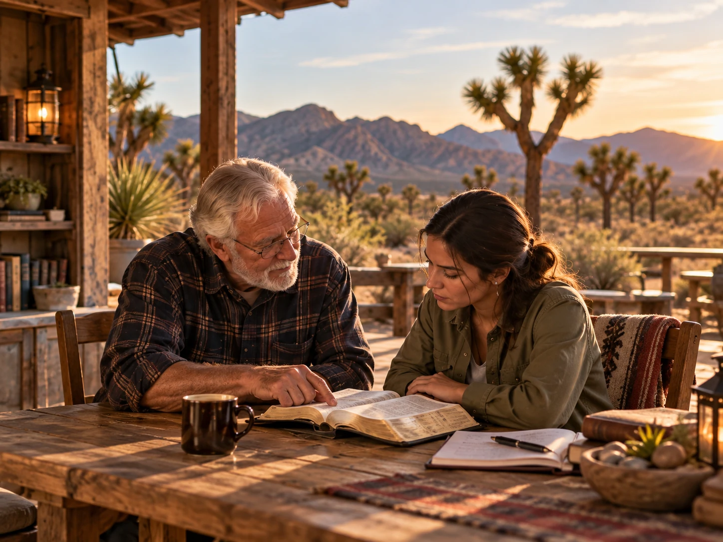 An older mentor and younger woman exploring Scripture together