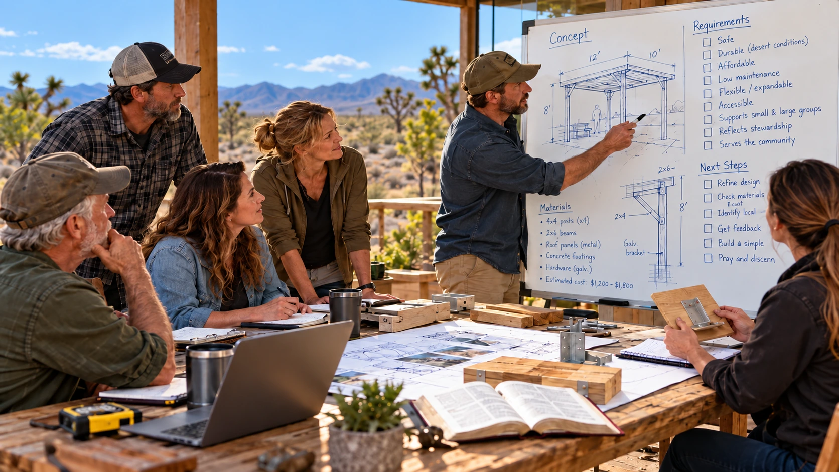 Six people collaboratively reviewing a practical outdoor structure prototype, specifications, requirements, materials and components at a whiteboard