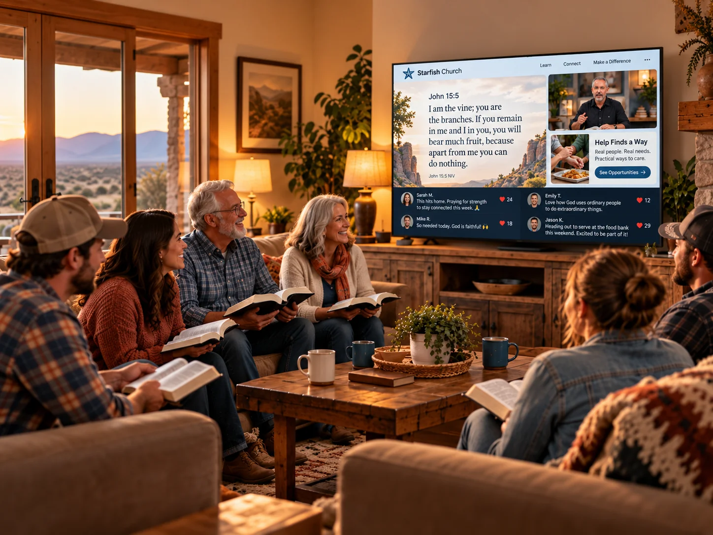 Family participating together in an interactive Bible discussion on a television, with Scripture, community needs and shared messages