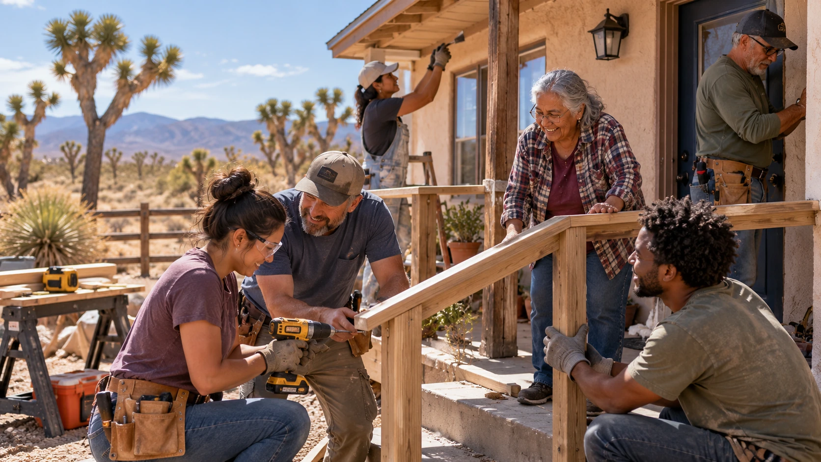 Volunteers helping an older homeowner build a safer handrail outside a rural desert home